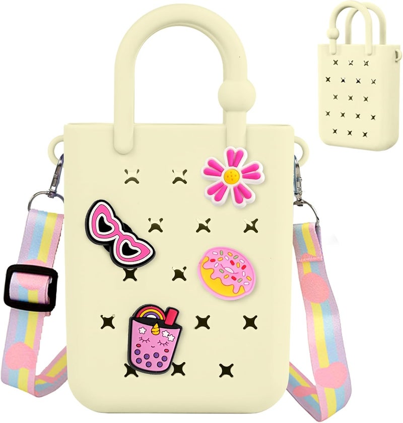Oudizz Mini Rubber Tote Bag, Silicone Beach Tote for Little Girl & Woman, Cute Bag with 20 Charms & Adjustable Shoulder Strap - Image 1
